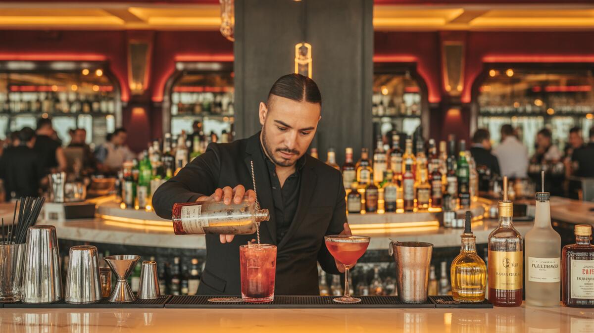 Professional bartender crafting artisan cocktails at elegant Mediterranean restaurant bar with warm lighting at Carnys Encino