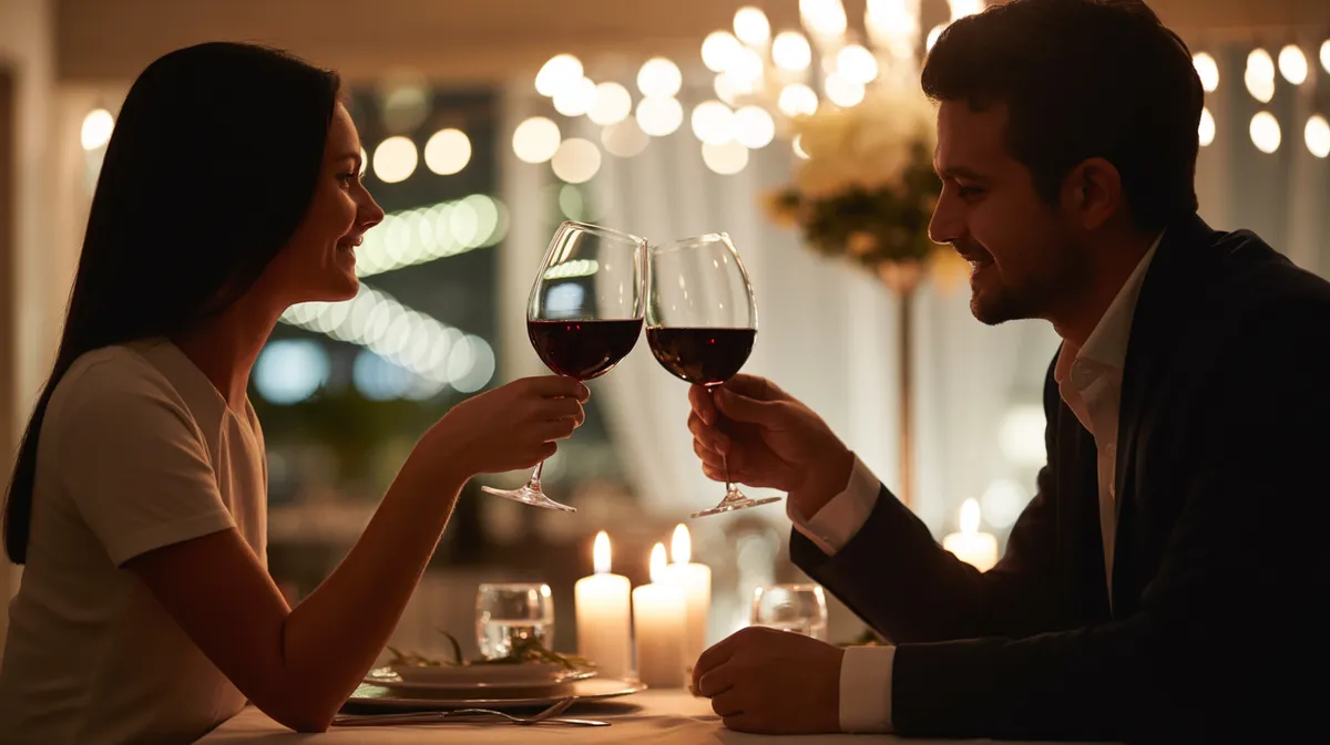 Romantic candlelit restaurant scene with couple silhouettes, wine glasses and soft bokeh lighting for perfect date night in Encino