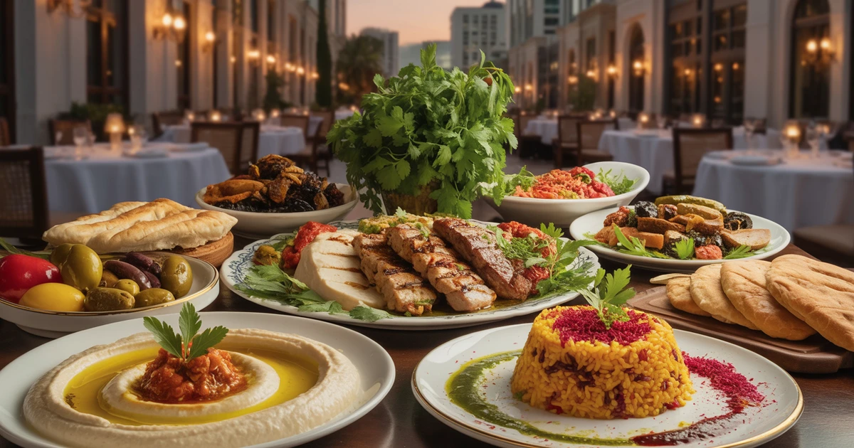 Elegant Mediterranean and Persian mezze spread with hummus, grilled kebabs, jeweled rice, and fresh herbs in upscale Encino restaurant setting