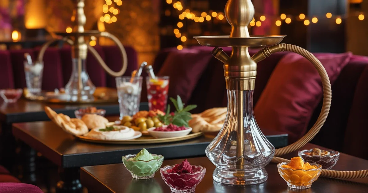 Elegant hookah lounge setting at Carnys with premium hookah equipment, colorful shisha flavors, and Mediterranean mezze platters in warm ambient lighting