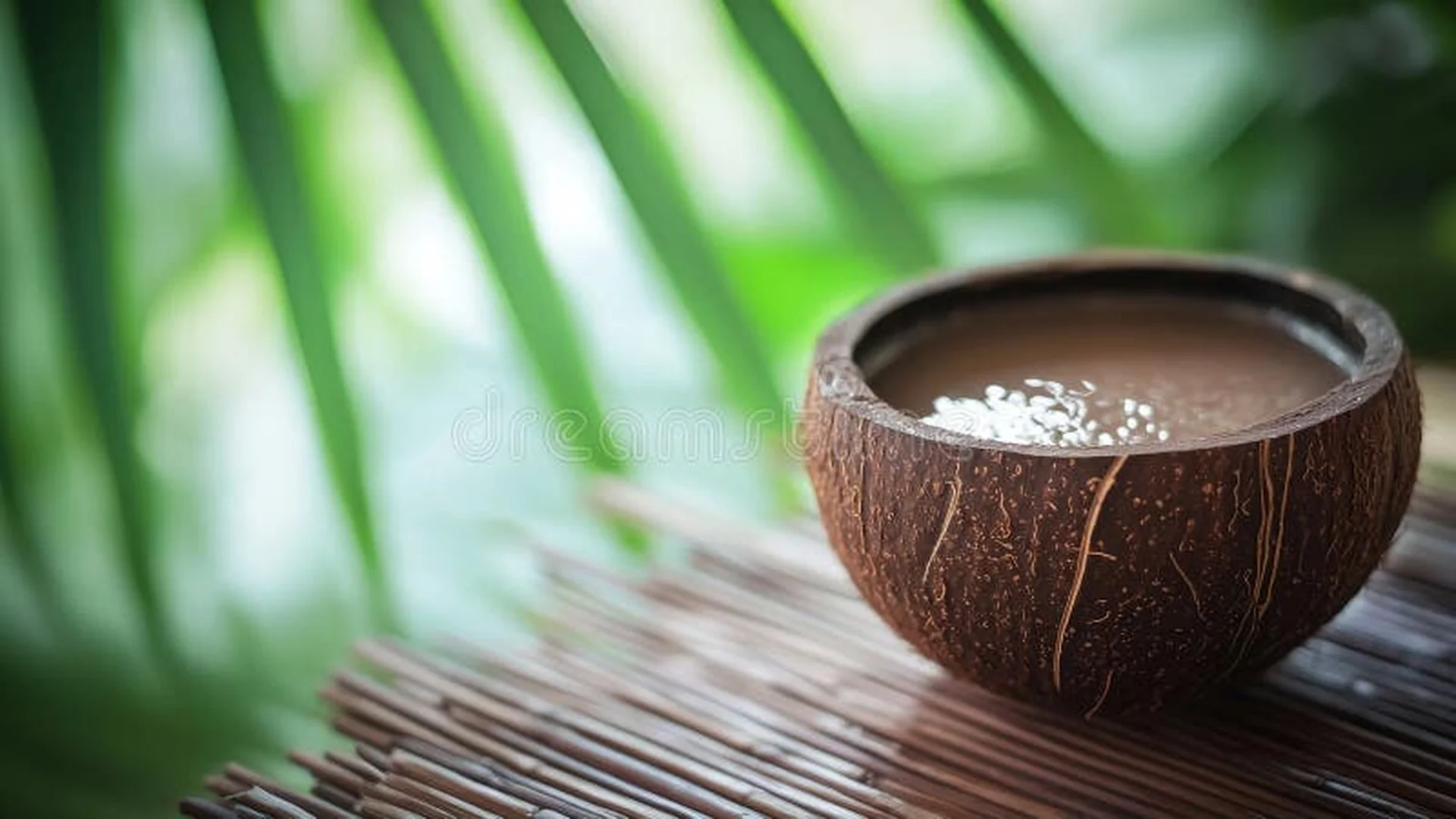 Traditional kava drink served in coconut shell with warm amber lighting and botanical elements at Carnys botanical bar in Encino