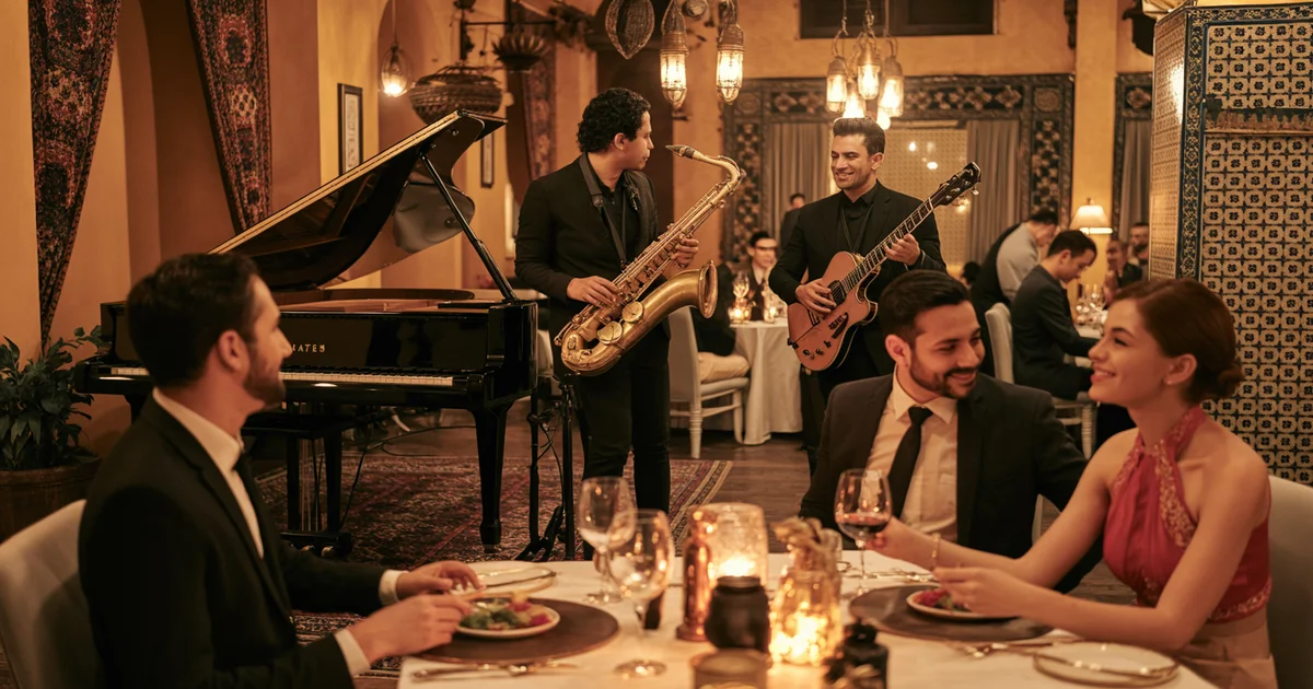 Live jazz trio performing at Carnys Restaurant in Encino with elegant Mediterranean decor, warm golden lighting, and diners enjoying an intimate evening