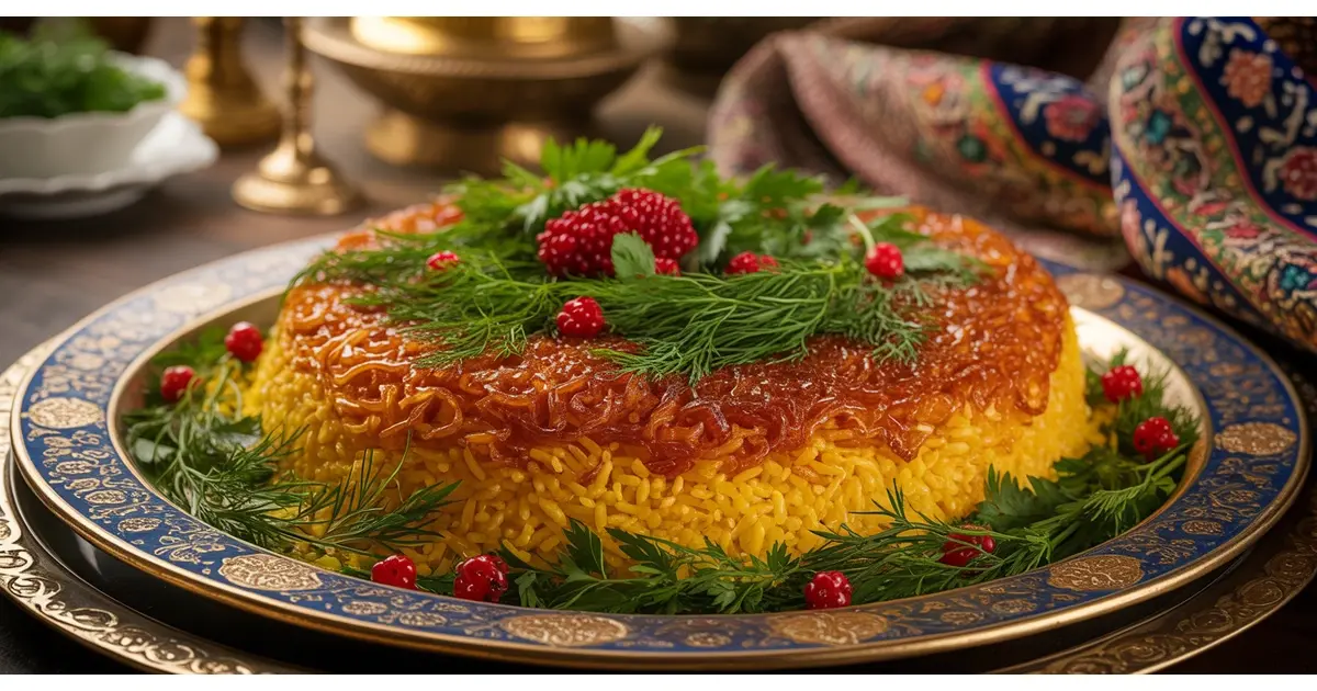 Golden crispy Persian tahdig (crispy rice) on decorative platter with saffron rice, barberries, and herbs at Carnys Restaurant Encino