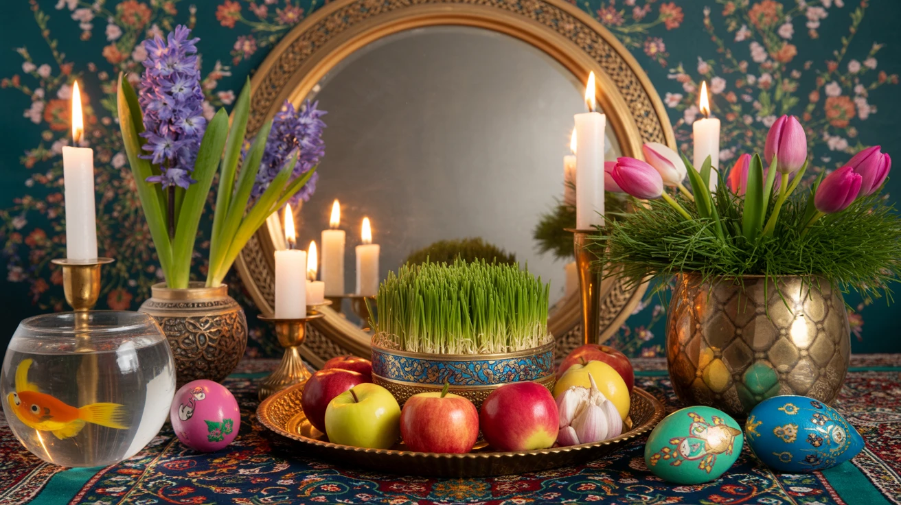 Beautiful Haft-Sin table setup for Nowruz with traditional items and spring flowers at Carnys