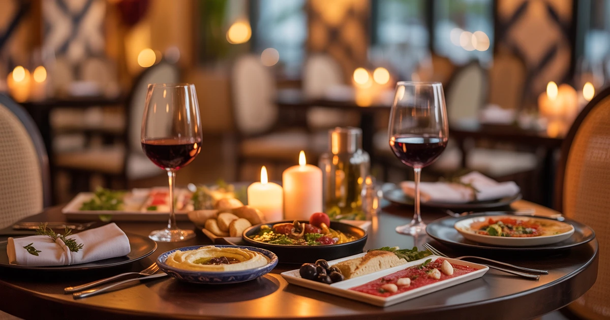 Romantic candlelit table for two with Mediterranean mezze platters, wine glasses, and warm ambient lighting at an elegant Encino restaurant