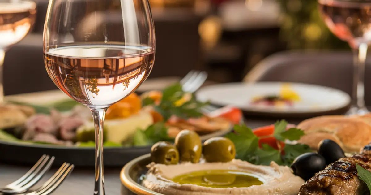 Elegant wine glass with rosé wine and Mediterranean mezze platter featuring hummus, olives, and grilled meats at Carnys Restaurant Encino