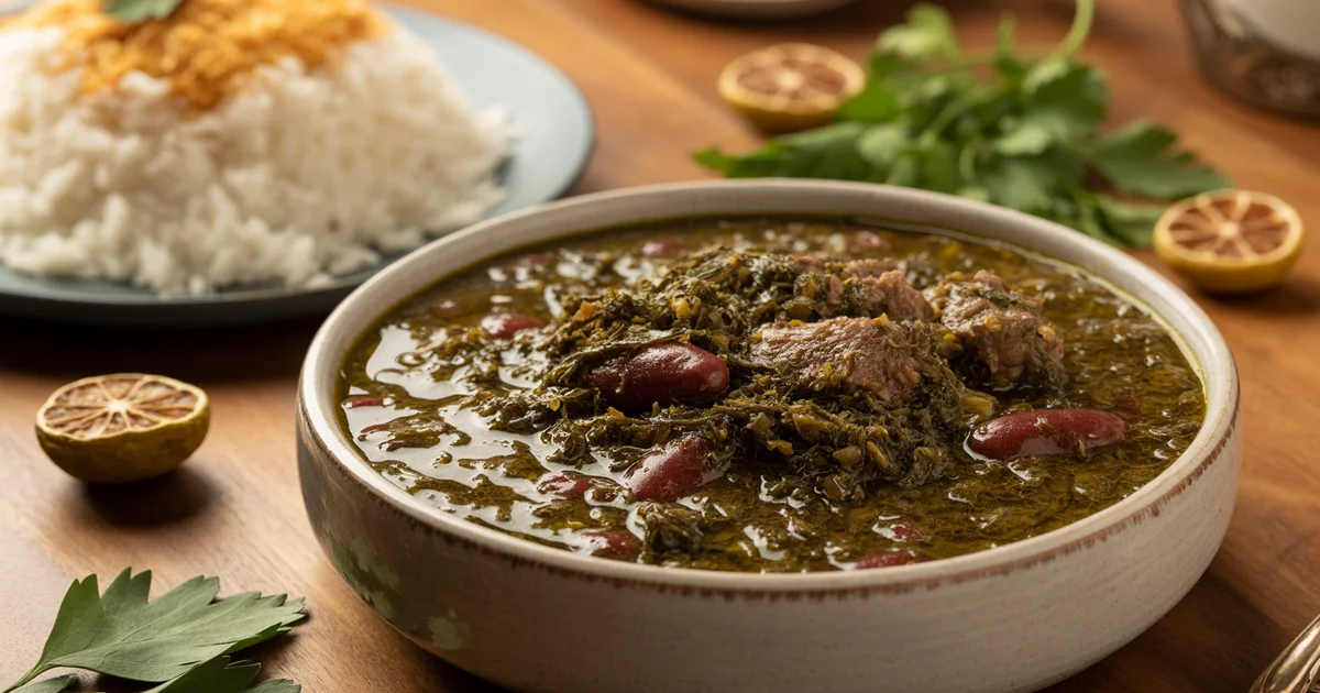 Rich dark green ghormeh sabzi Persian herb stew in rustic ceramic bowl with tender meat and kidney beans, served with golden tahdig rice at Carnys Restaurant Encino