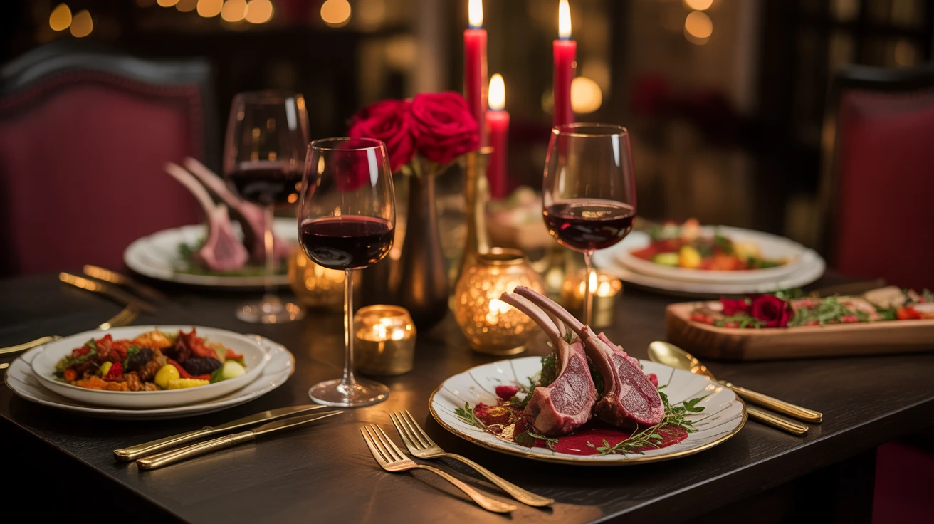 Romantic Valentine's Day dinner setting at Carnys with candlelight, roses, and Mediterranean cuisine