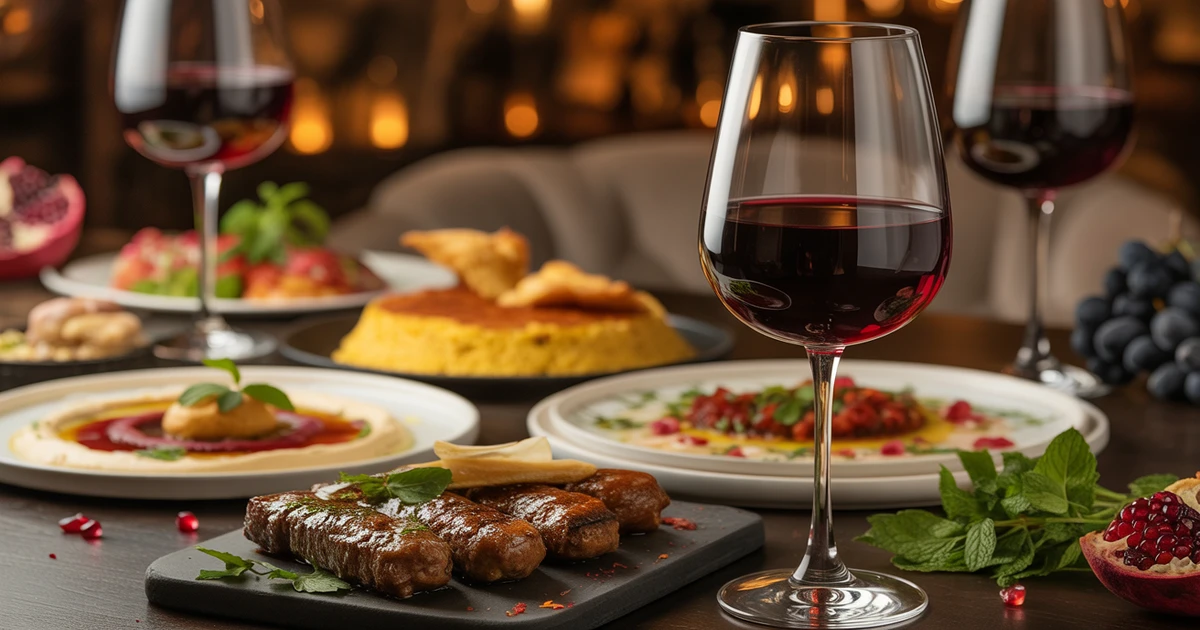 Elegant wine glass with red wine next to beautifully plated Mediterranean kebabs, mezze, and Persian rice at Carnys Restaurant in Encino