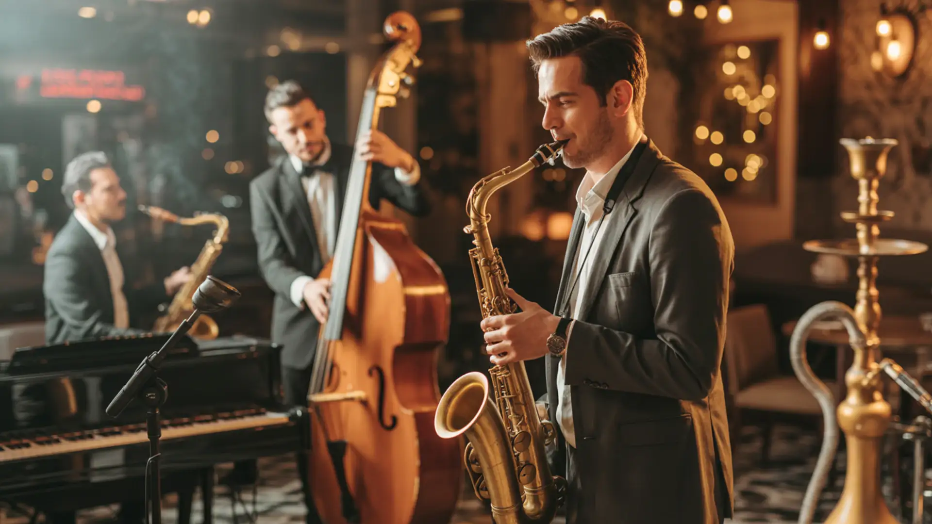 Professional jazz trio performing live at Carnys Mediterranean restaurant in Encino - elegant musicians with piano and upright bass under warm golden stage lighting