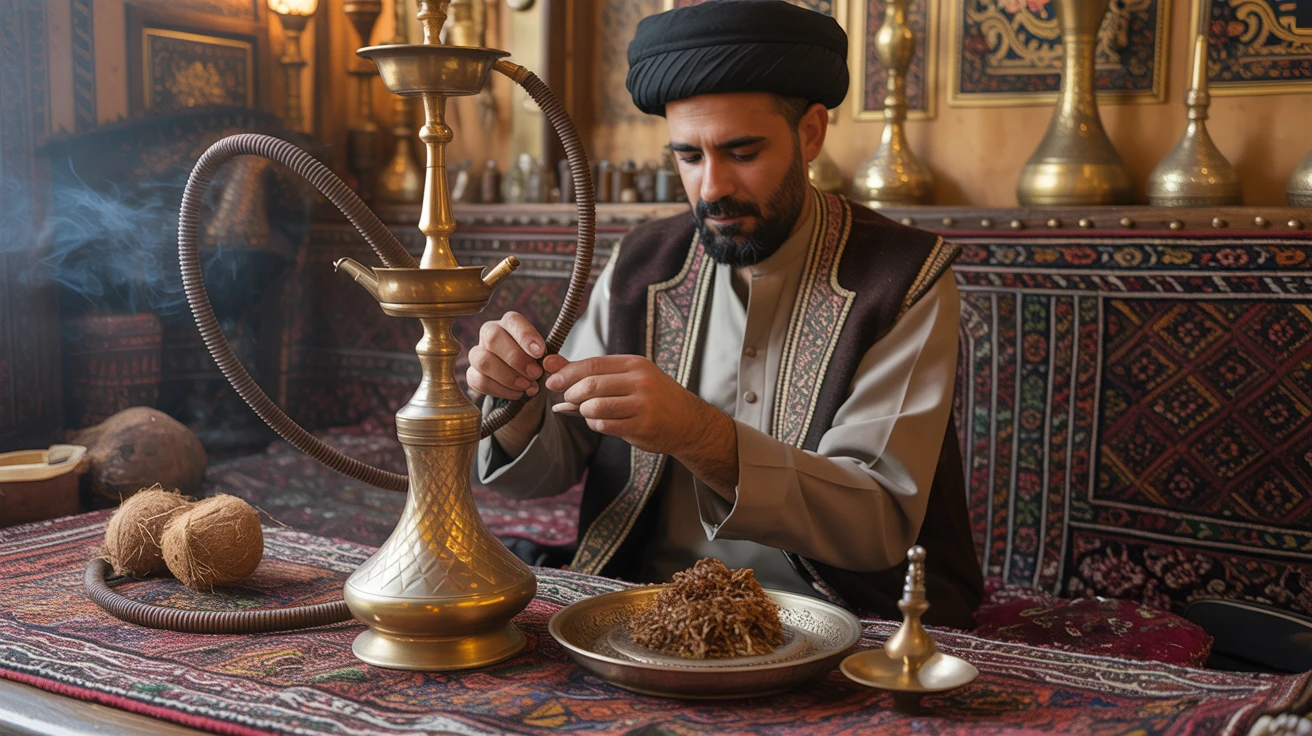 Traditional Persian hookah preparation with ornate brass pipe and natural coconut coals - 500 year cultural tradition