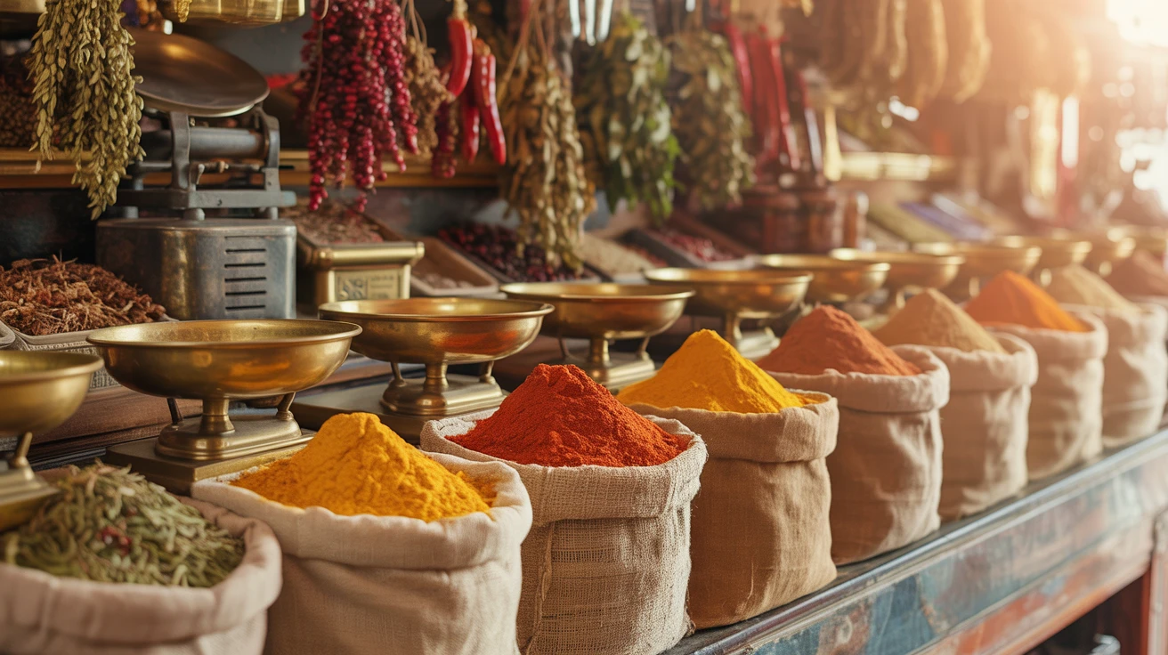 Traditional Middle Eastern spice market with colorful saffron, turmeric, paprika, and cumin in brass bowls and burlap sacks