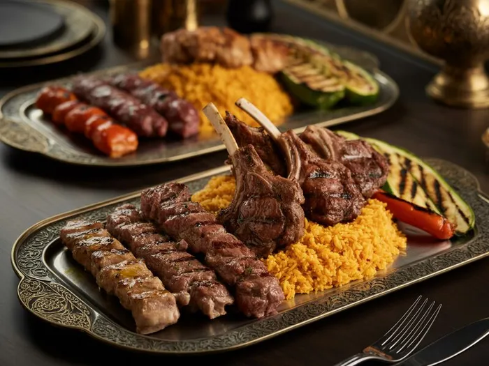 Charcoal-grilled mixed grill platter with koobideh, joojeh kebab, and lamb chops served with saffron rice at Carnys