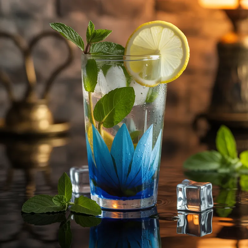 Blue Lotus Iced Tea - Cold-brewed blue lotus with lemon and mint. 