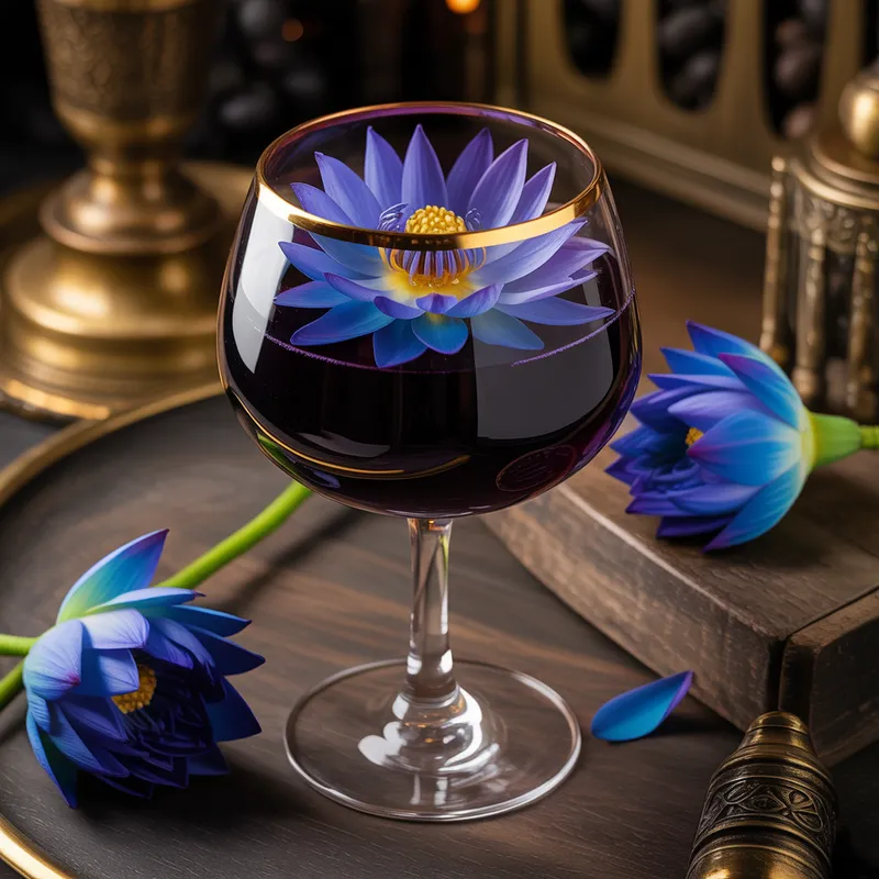Blue Lotus Wine-Style - Blue lotus steeped wine-style in grape juice (non-alcoholic). 