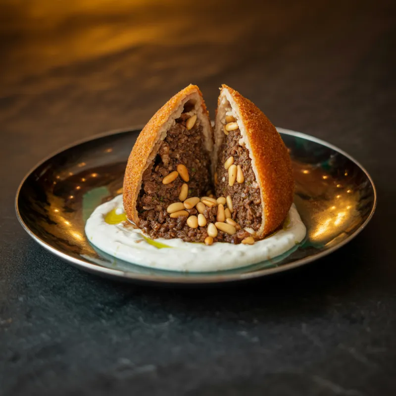 Lamb Kibbeh - Fried bulgur shells, spiced lamb, pine nuts